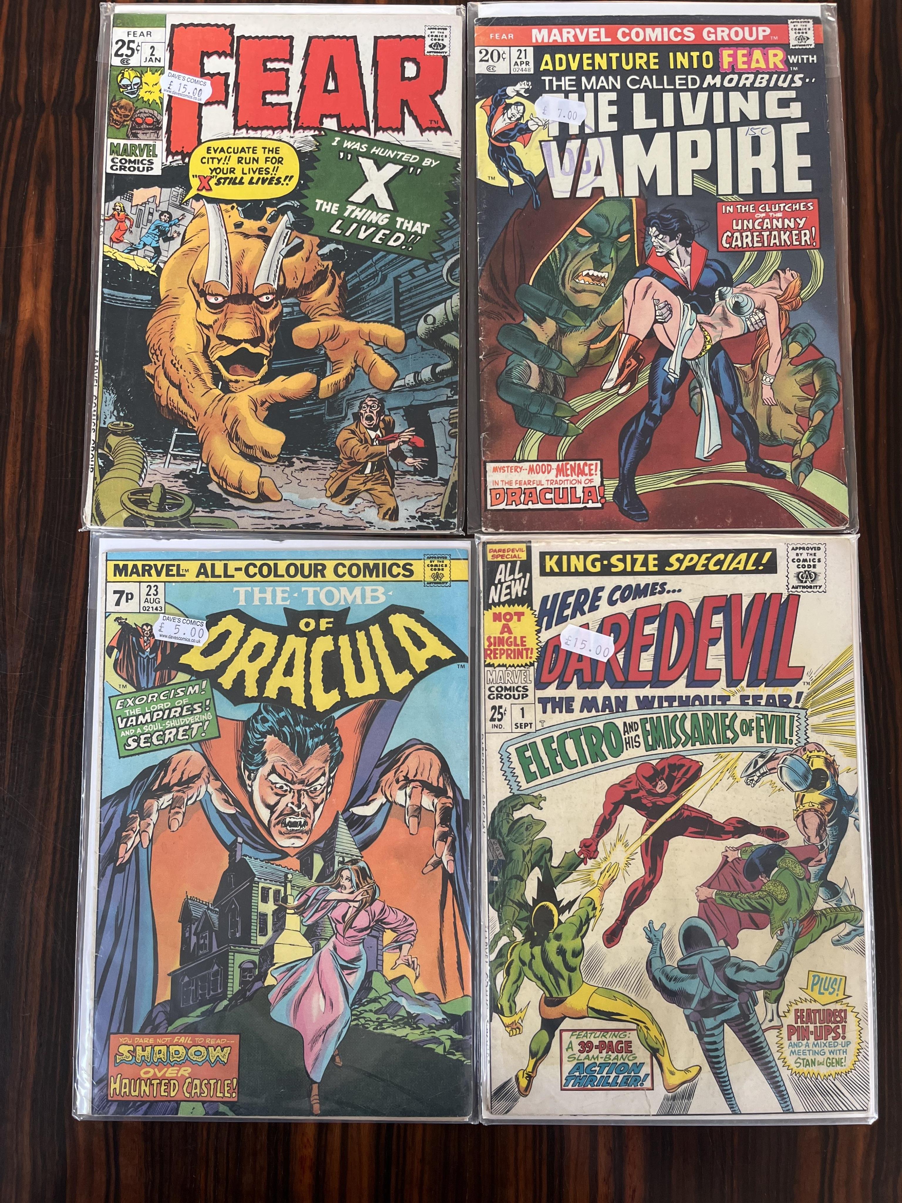 Marvel comics, Strange Tales, Vol. 1, 18 issues between #131–187, Daredevil, Vol. 1, 10 issues between #25–66 (includes major key issue 57A), The Tomb of Dracula, Vol. 1, 19 issues between #23–67, Fear, 18 issues between